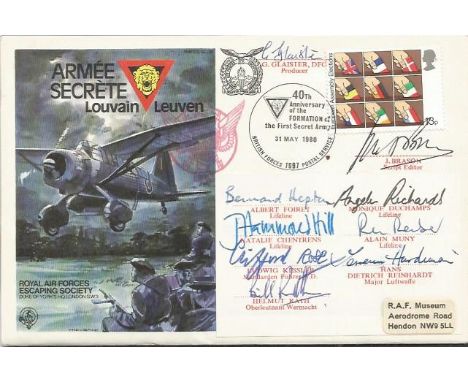 Secret Army RAF Escaping Society cover signed by nine members of the TV series. Includes Bernard Hepton, Moniaue Duchamps, Na