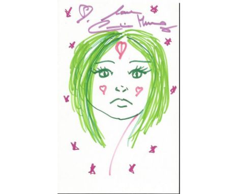 Caroline Munro James bond Actress The Spy Who Loved Me 1977 as Naomi signed personal art doodle on white card. Unique persona