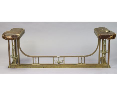 A vintage brass club fender with padded ends upholstered brown rexine (requires restoration), 150cm wide x 48cm high x 40cm d