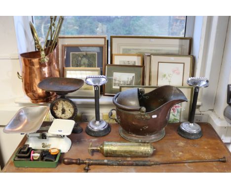 Two sets of kitchen scales; a copper helmet-shaped coal scuttle; various pictures &amp; sundry other items. 