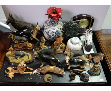 Two John Beswick German Shepherd Dog ornaments; together with various other dog ornaments, a mantel clock, &amp; sundry other