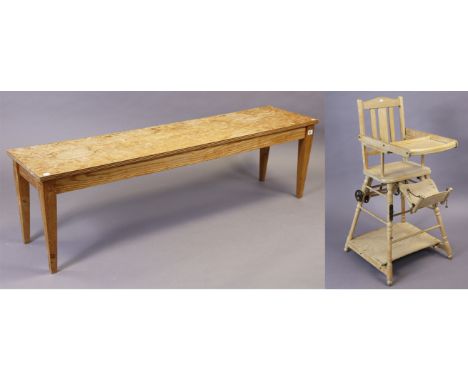 A pine &amp; plywood bench with a rectangular top, &amp; on four square tapered legs, 148cm wide x 42.5cm high x 35cm deep; a