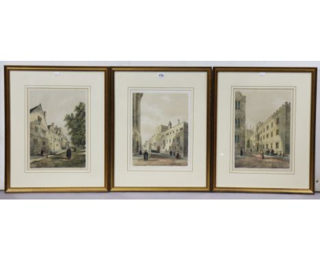Three vintage coloured etchings after Delamone – Oxford college scenes, each 36cm x 27.5cm, in matching gilt frames. 