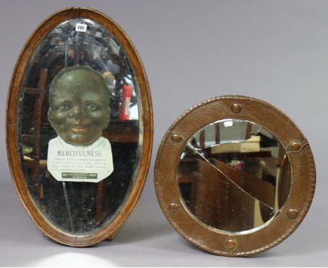 A vintage Hudson’s soap “Mercifulness” oval advertising mirror in an oak frame, 73cm x 46cm; &amp; an arts &amp; crafts coppe