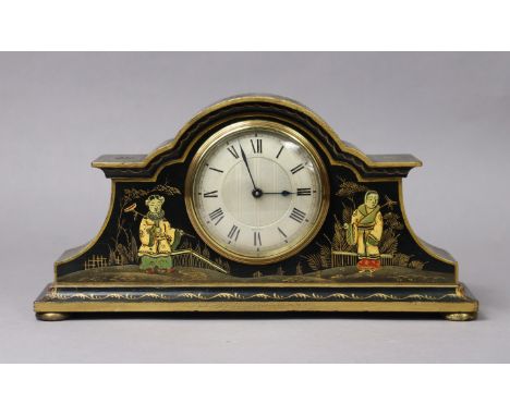 An Edwardian mantel timepiece retailed by Mallory, Bath, in black &amp; gilt chinoiserie lacquer dome-top case, 30cm wide x 1