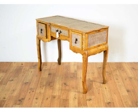 Jianshang Furniture: a vintage bamboo writing desk, the central kneehole with one long and two short drawers with brass handl