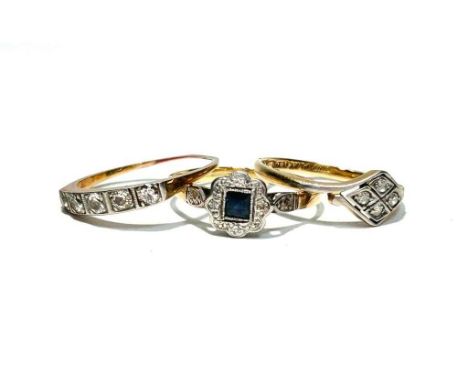 A five stone diamond ring on 18ct gold shank; a sapphire diamond cluster ring on gold mount, unmarked but approximately 18ct 