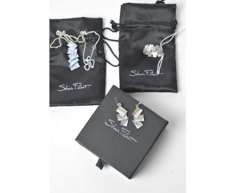 Sheila Fleet: a suite of silver and enamel jewellery of rectangular textured design, comprising pendant on snake link chain, 