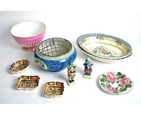 A collection of decorative ceramics, including: three Royal Crown Derby ‘Imari’ pattern pin dishes; a Wemyss Ware ‘Cabbage Ro