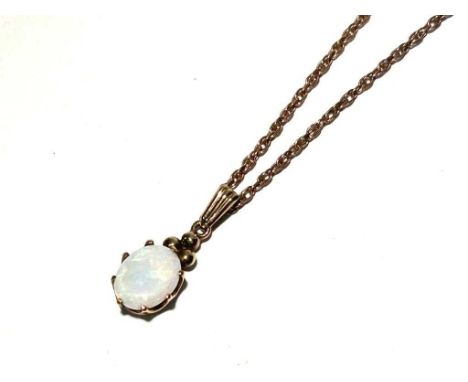 An opal cabochon pendant, in 9ct yellow gold mount, on 9ct gold twist link chain, 4.7g gross. 