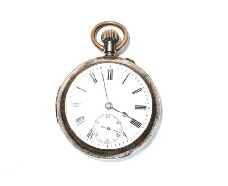 A gun metal cased open faced repeater pocket watch, the white enamel Roman dial with subsidiary seconds aperture fitted a mov