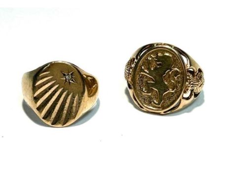 Two 9ct yellow gold signet rings, one decorated with lion matrix flanked by thistle shoulders, the other set a small diamond,