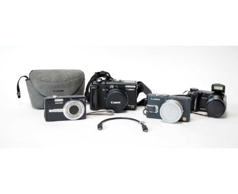 A Canon G5 Power Shot digital camera and case; a Lumix DMC-LX1 digital compact camera; a Fujifilm F480 digital compact camera