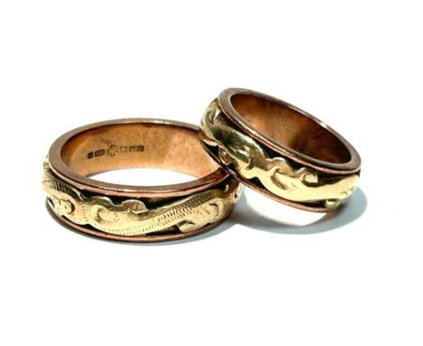 A his and hers 9ct yellow and rose gold wedding band set, each decorated with scrolling design, his ring size U, hers ring si
