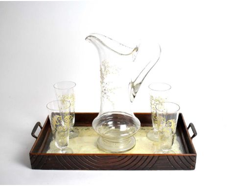 A vintage floral enamelled glass lemonade set, comprising jug and four glasses; together with a twin handled serving tray.