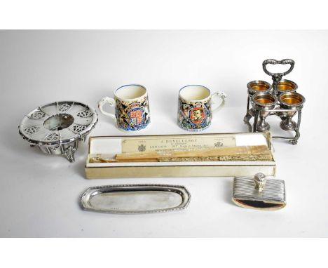 A selection of silver and other collectibles, including: a silver backed ink blotter, marks worn; a silver oblong dish, by He