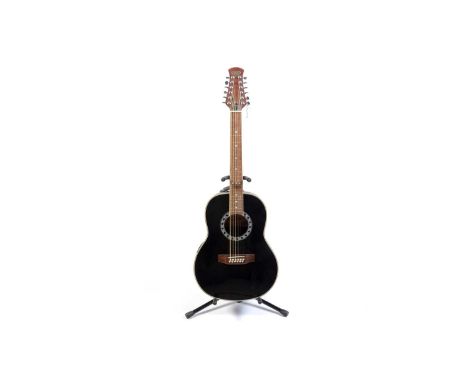 A Stagg A1012-BK electro-acoustic twelve string bowl back guitar, black finish fitted with a PS900 pickup system.
