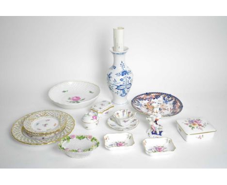 A collection of Meissen and other decorative ceramic wares, including: a Meissen blue and white ceramic vase, 23.5cms high; a