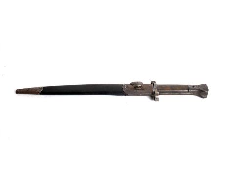 An 1888 pattern Enfield rifle bayonet, the double edged blade stamped with ‘VR’ cypher, ‘EFT’, fitted with original scabbard,