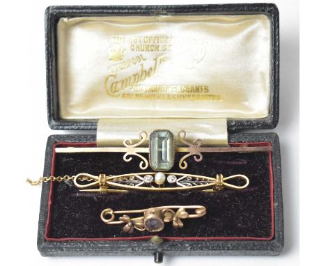 A diamond and pearl brooch, the 15ct yellow and white gold brooch set with central cultured pearl, flanked by old cut diamond