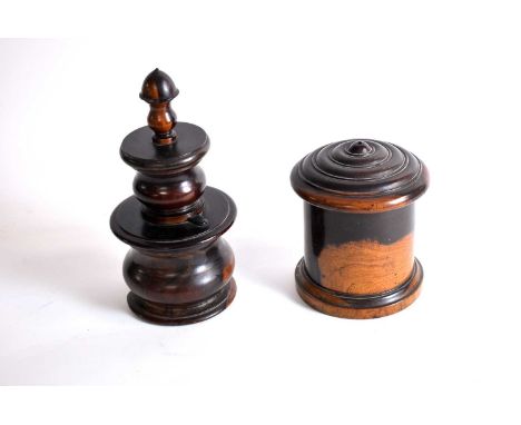 A Victorian treen barrel with cover; together with a treen cased grinder. (2) 