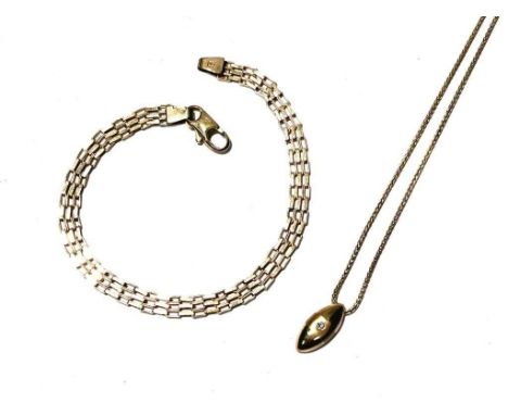 A diamond and gold pendant on fine 9ct yellow gold snake link chain; together with 9ct yellow gold gate link bracelet, 7.2g g