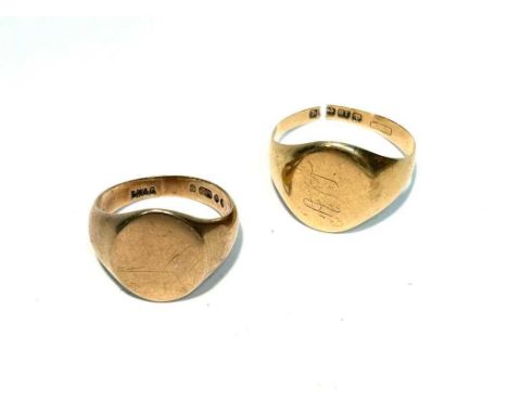 A 9ct yellow gold signet ring, unengraved, ring size L, 5.5g; together with another signet ring, 18ct yellow gold, engraved a