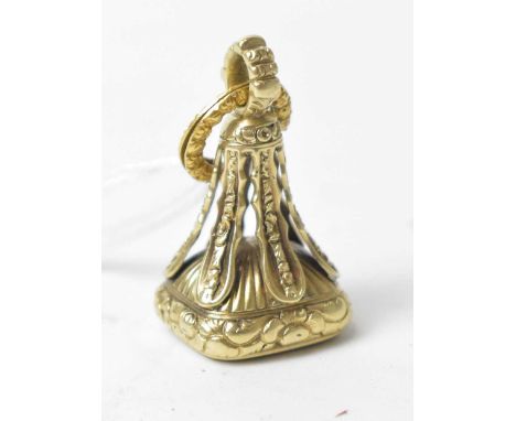 A 19th Century gold plated fob seal, inset with amethyst, floral pattern mount with split ring.