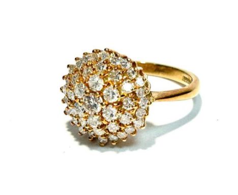 A diamond cluster ring, the brilliant cut diamonds in four tiers on 18ct yellow gold mount and shank, ring size O, 6.3g gross