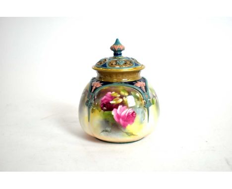 A Royal Worcester pot pourri and cover, hand painted with roses, no. 175, 10cms high.