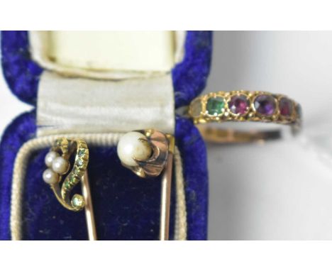 A Victorian 15ct yellow gold and gem set 'Regard' ring (missing ruby), ring size O; together with two tie pins. (3) 