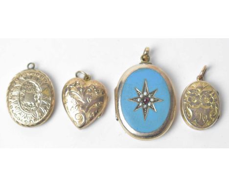 A selection of gold-plated Victorian lockets, one with sea pearl and turquois-enamel, one of heart shaped.