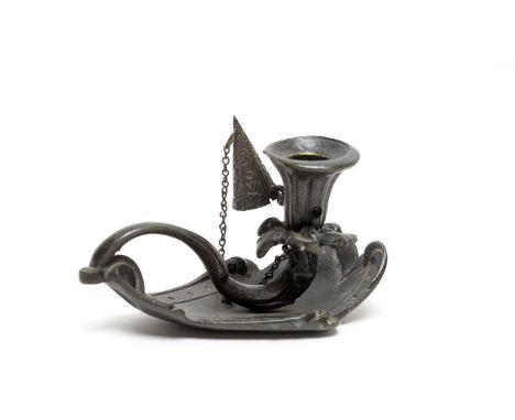A 19th Century patinated bronze ' Grand Tour' style chamber candlestick, of floral design, with snuffer attached by chain, 11