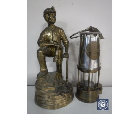 A brass and chrome Eccles Protector miner's lamp type 6 together with a brass figure of a miner 