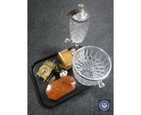 A tray of brass cased electric carriage clock together with a walnut trinket box, marble trinket box, cut glass and silver pl