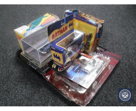 A tray of boxed vintage Thunderbirds WES Go alarm clock, Batman die cast vehicles etc