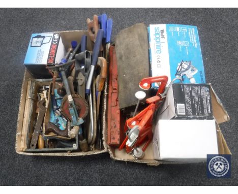 Two boxes of hand tools, wood working plane, clamp, circular saw, fern orbital sander etc 