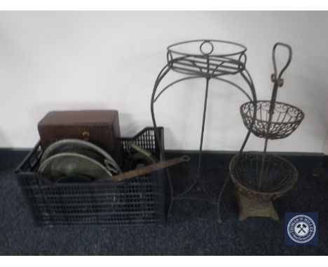 A box of kitchen scales in wooden box, teak kitchen ware, brass trench art style lighter, metal plant stand etc.
