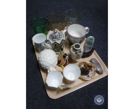 A tray of antique glass ware, two Shelley china tea cups and saucers, Lorna Bailey salt seller, Poole mug etc 