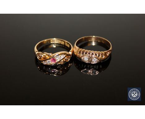 An 18ct gold diamond and ruby ring, together with another diamond set ring