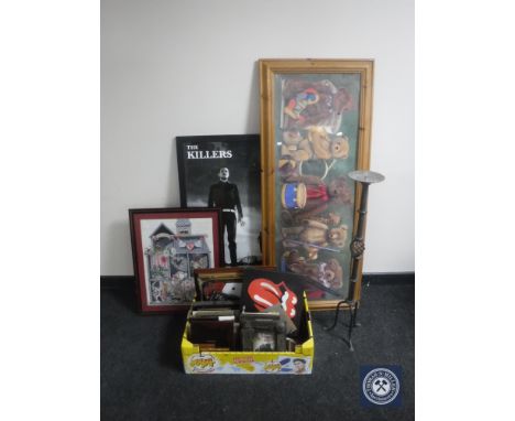 A leather cube together with a metal candle holder and box containing metal signs, Rolling stones wall canvas