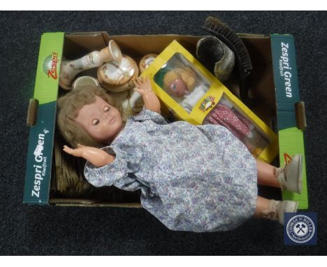 A box of Pelham puppet, vintage doll, duck hearth brush, china trinket set 