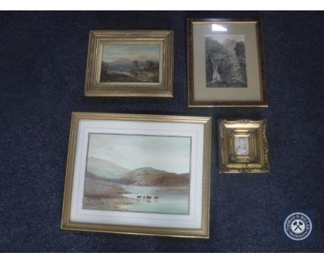 Four framed pictures to include a gilt framed R Dingwall watercolour of Highland cattle, gilt framed antique oil on board dep