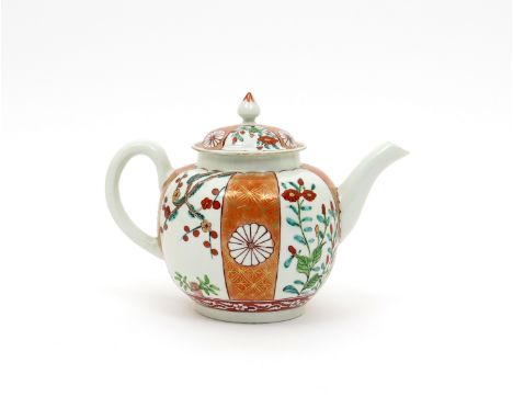 A Worcester teapot and cover  c.1765-70, decorated outside of the factory with a version of the Scarlet Japan pattern, with b