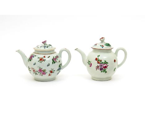 Two Worcester teapots and covers  c.1765-75, one brightly painted with varying small floral sprays and single scattered sprig