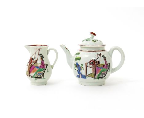 A small Worcester teapot and cover  c.1770, the neat globular shape brightly painted with the Lady at the Loom pattern, an Or