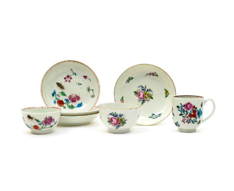 A Worcester teabowl and three saucers  c.1768-75, painted in the famille rose palette with the Harvest Bug pattern, a teabowl