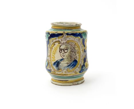 An unusual Sicilian (Caltagirone) maiolica albarello  late 17th century, painted with the portrait of a lady wearing a pair o