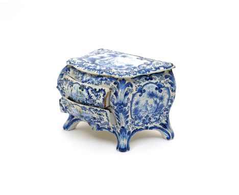 A Delft miniature model of a commode  19th century, the bombé form modelled with two workable drawers, painted in blue with p