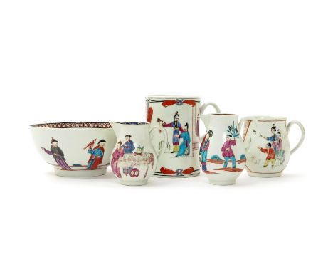Two Worcester sparrowbeak jugs and two mugs  c.1760-70, variously decorated with Chinese figures chasing butterflies, holding